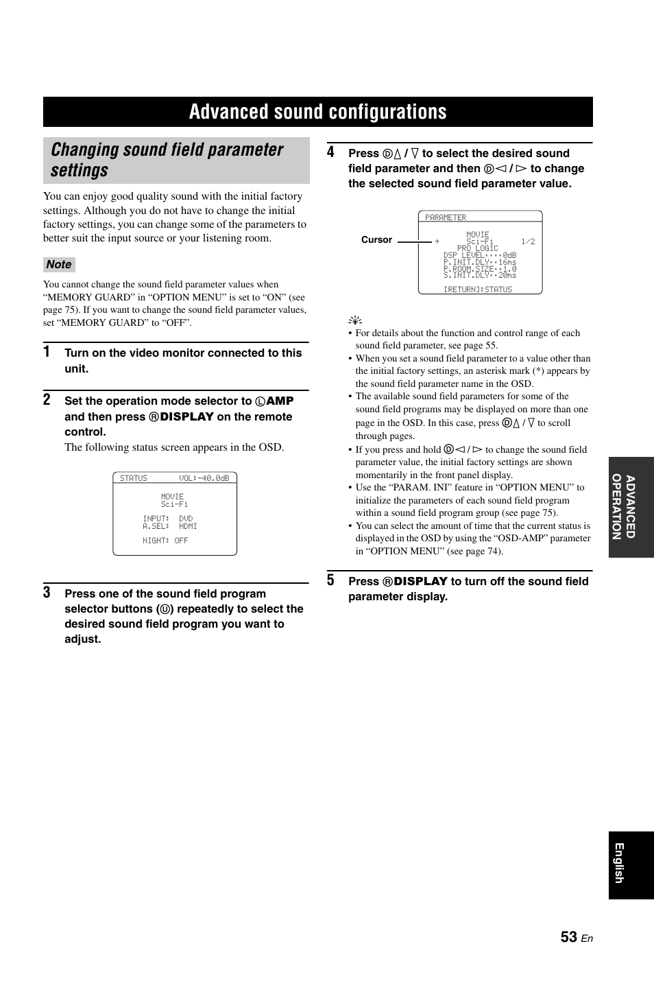 Advanced sound configurations, Changing sound field parameter settings, P. 53 | Yamaha DSP-AX861SE User Manual | Page 55 / 117