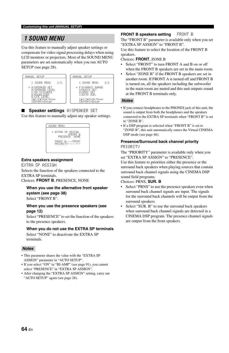 1 sound menu, Speaker settings | Yamaha DSP-AX861SE User Manual | Page 66 / 117