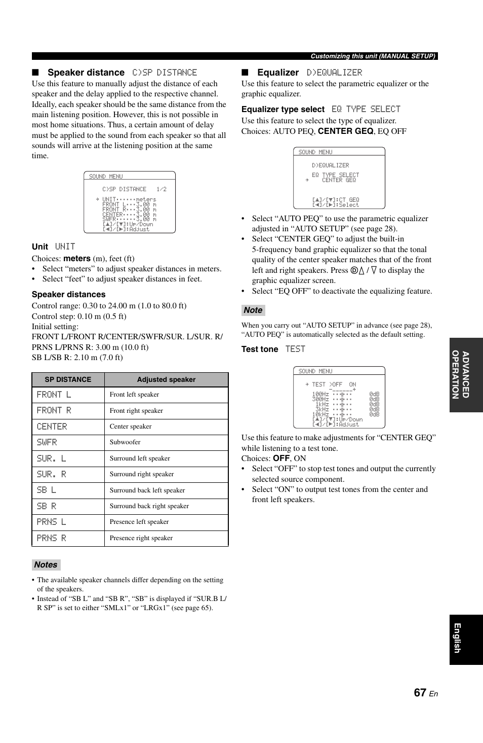 Speaker distance, Equalizer | Yamaha DSP-AX861SE User Manual | Page 69 / 117