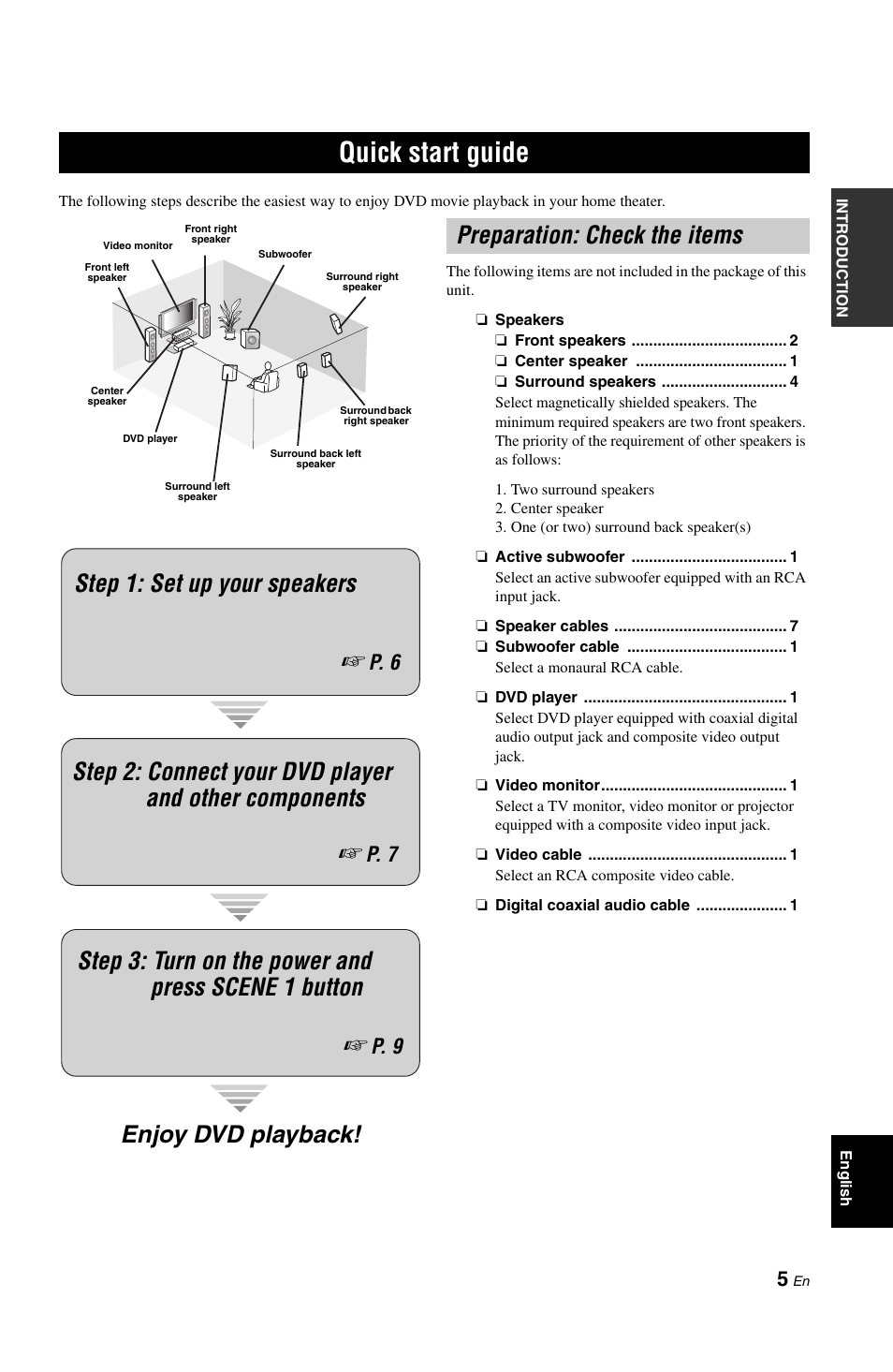 Quick start guide, Preparation: check the items, Enjoy dvd playback! step 1: set up your speakers | P. 6, P. 7, P. 9 | Yamaha DSP-AX861SE User Manual | Page 7 / 117