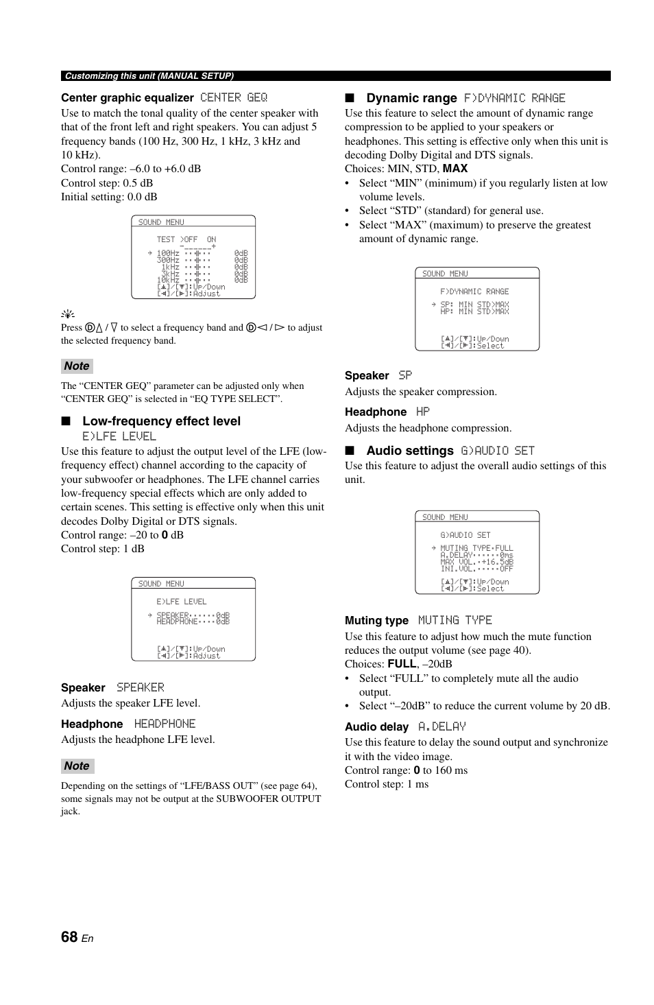 Low-frequency effect level, Dynamic range, Audio settings | Yamaha DSP-AX861SE User Manual | Page 70 / 117