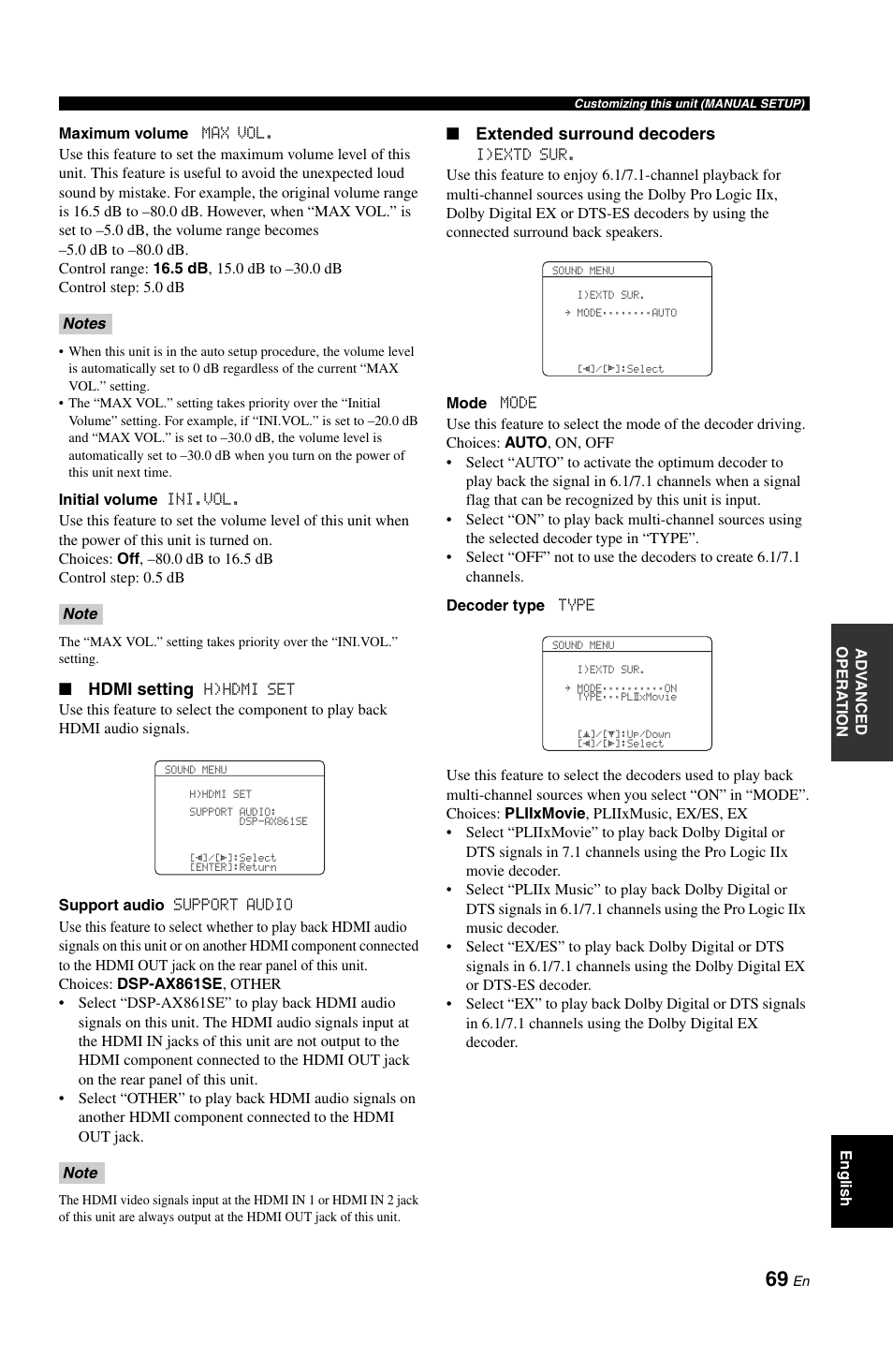 Hdmi setting, Extended surround decoders | Yamaha DSP-AX861SE User Manual | Page 71 / 117