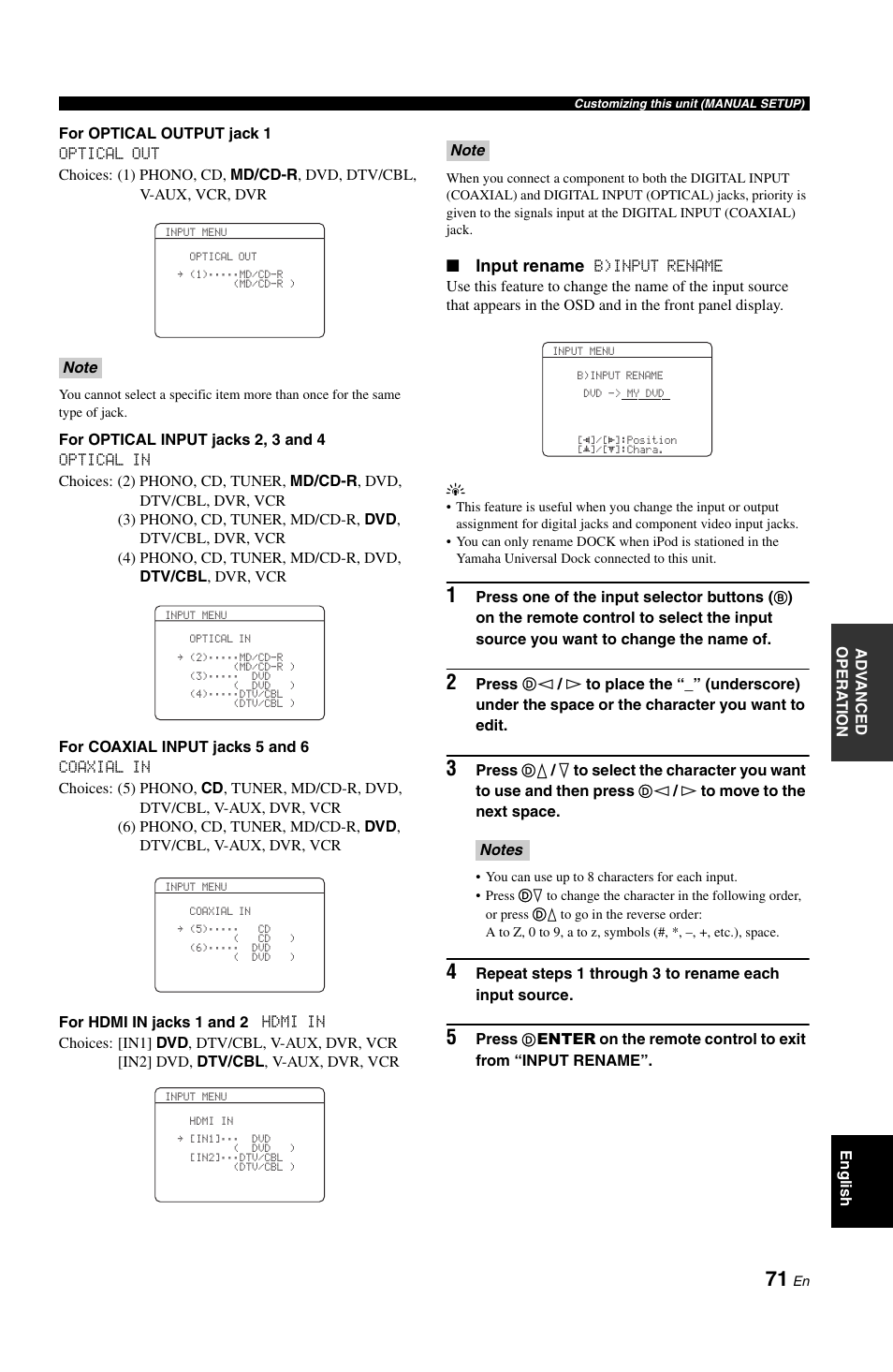 Input rename | Yamaha DSP-AX861SE User Manual | Page 73 / 117