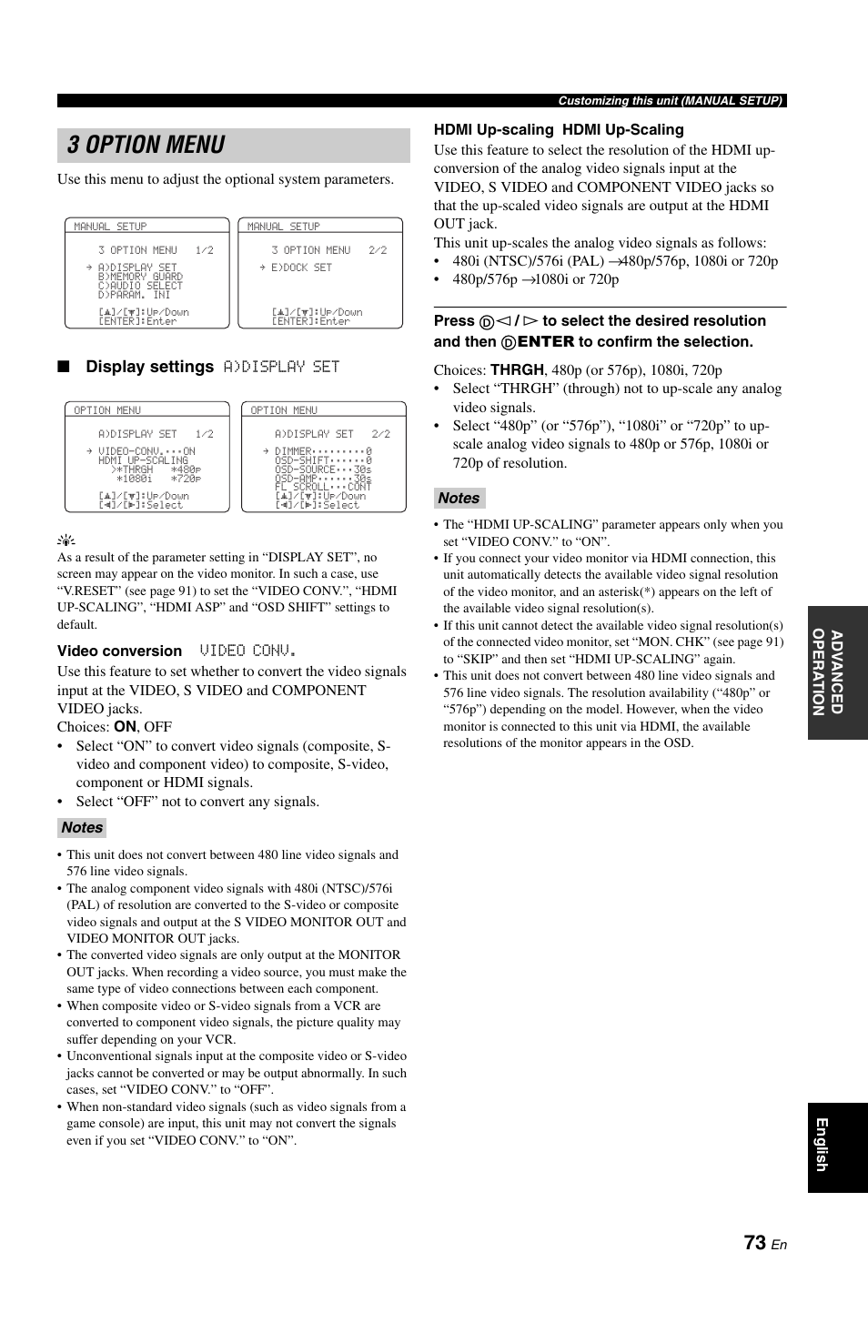 3 option menu, Display settings | Yamaha DSP-AX861SE User Manual | Page 75 / 117