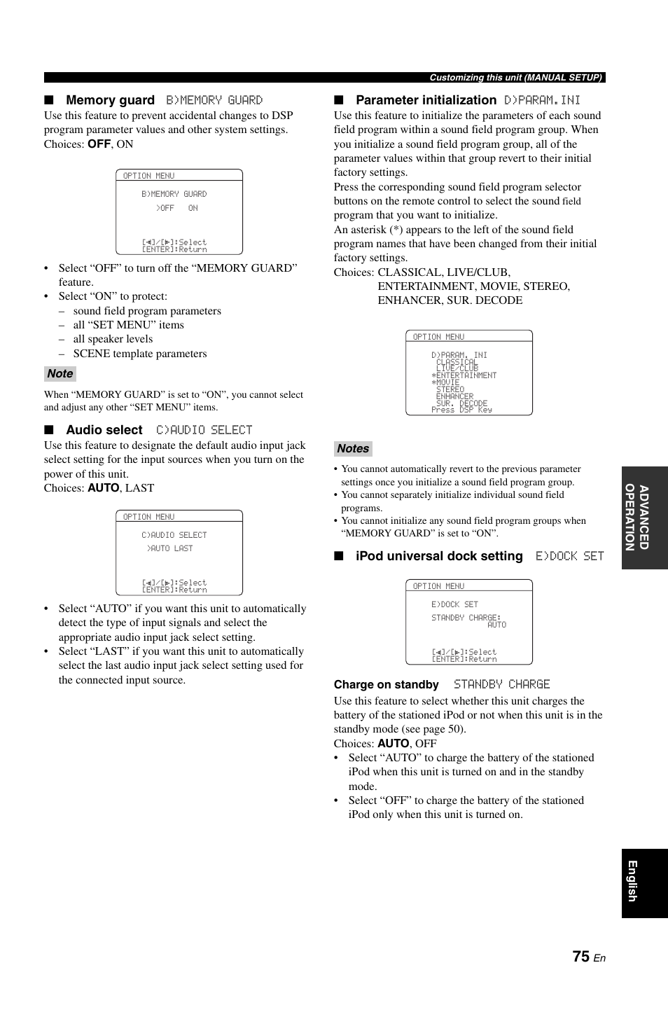 Audio select, Parameter initialization, Ipod universal dock setting | Yamaha DSP-AX861SE User Manual | Page 77 / 117