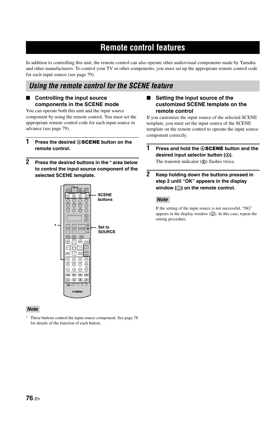 Remote control features, Using the remote control for the scene feature, P. 76 | Press the desired, Scene button on the remote control, Press and hold the, Scene button and the desired input selector button, The transmit indicator, Flashes twice, Set to source scene buttons | Yamaha DSP-AX861SE User Manual | Page 78 / 117