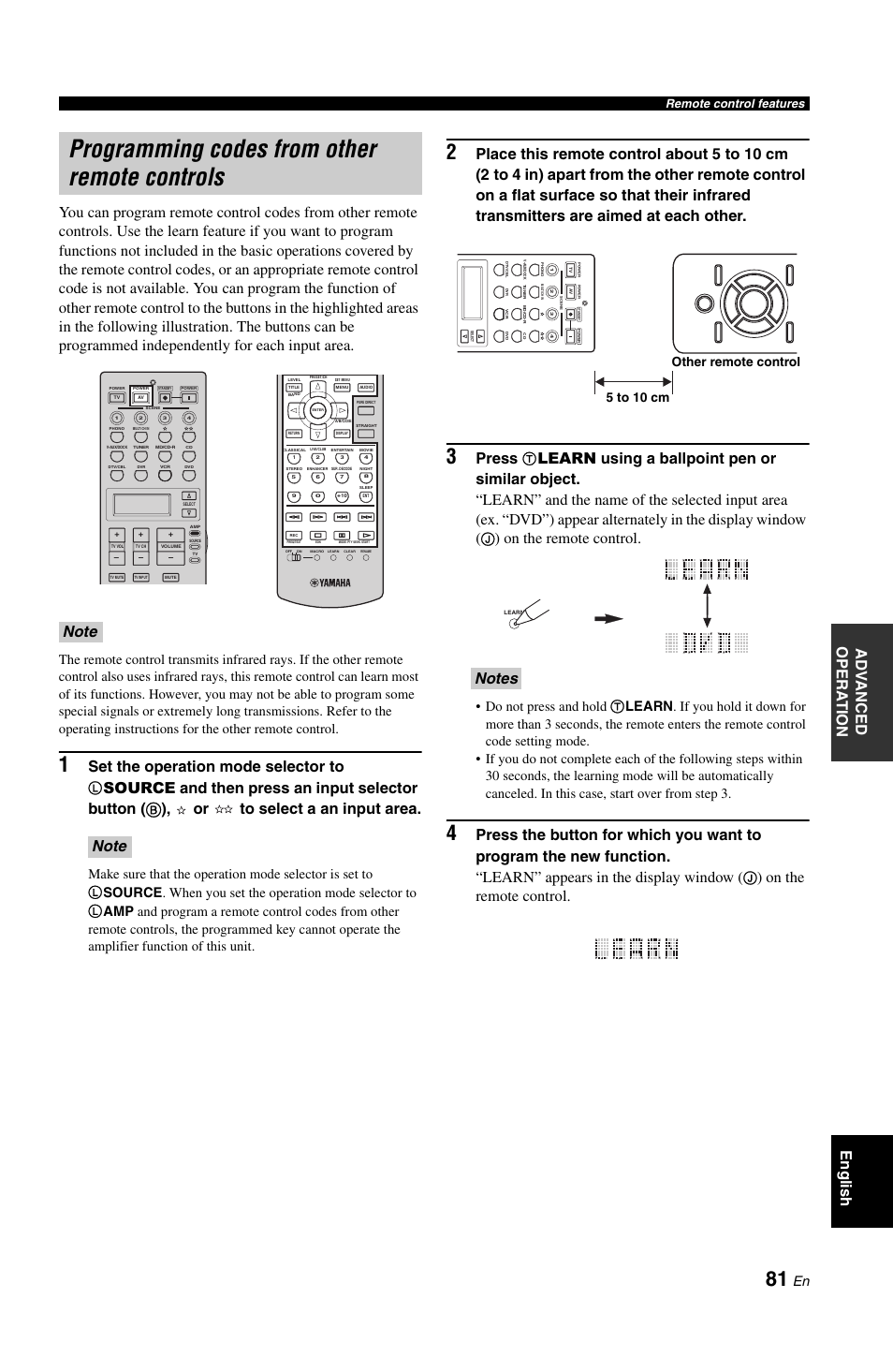 Programming codes from other remote controls, Set the operation mode selector to, Press | On the remote control, 5 to 10 cm other remote control, Remote control features | Yamaha DSP-AX861SE User Manual | Page 83 / 117