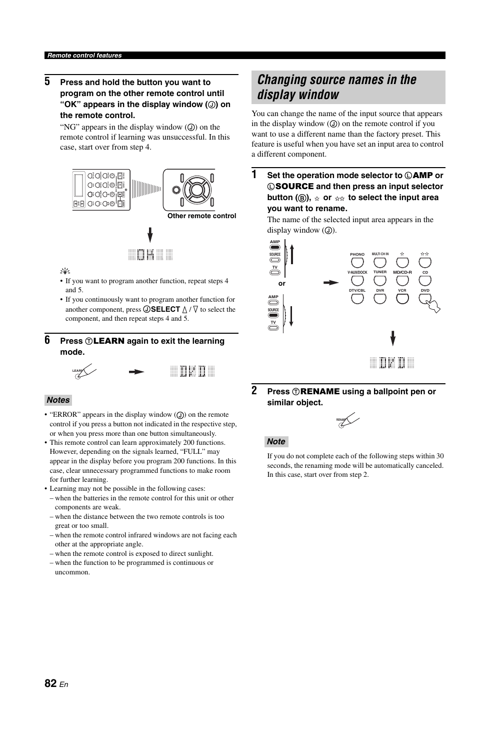 Changing source names in the display window, Press, Learn again to exit the learning mode | Set the operation mode selector to, Amp or, Rename using a ballpoint pen or similar object | Yamaha DSP-AX861SE User Manual | Page 84 / 117