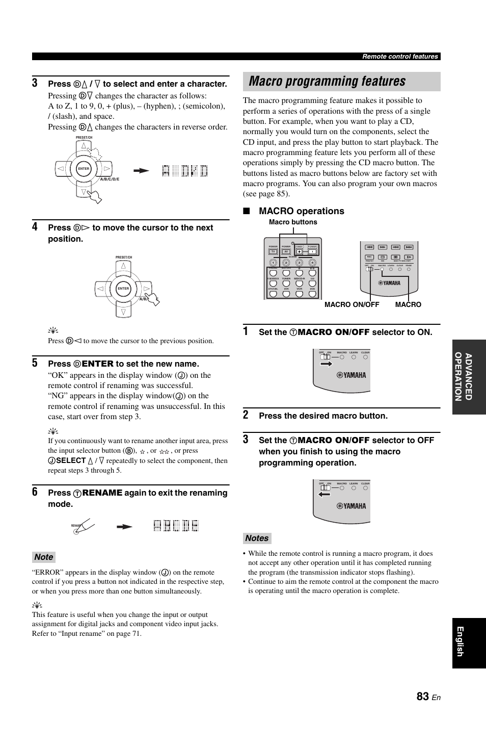 Macro programming features, Macro operations, Ad v anced opera t ion english | Press, K / n to select and enter a character. pressing, K changes the characters in reverse order, H to move the cursor to the next position. y, Press t rename again to exit the renaming mode, Set the, Macro on/off selector to on | Yamaha DSP-AX861SE User Manual | Page 85 / 117