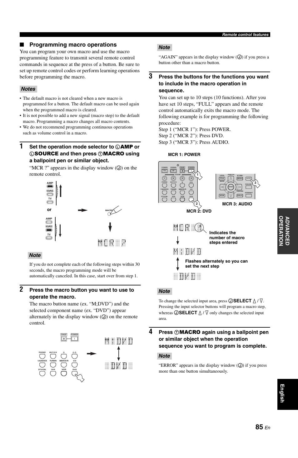 Programming macro operations, Ad v anced opera t ion english, Set the operation mode selector to | Amp or, Source and then press, On the remote control, Press | Yamaha DSP-AX861SE User Manual | Page 87 / 117