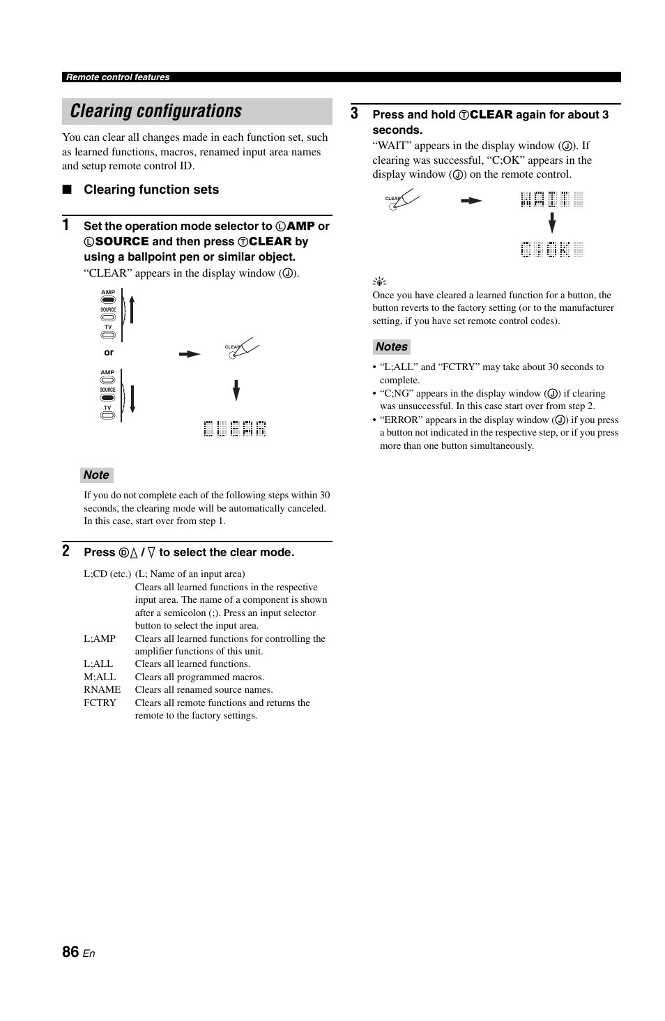 Clearing configurations, Clearing function sets | Yamaha DSP-AX861SE User Manual | Page 88 / 117