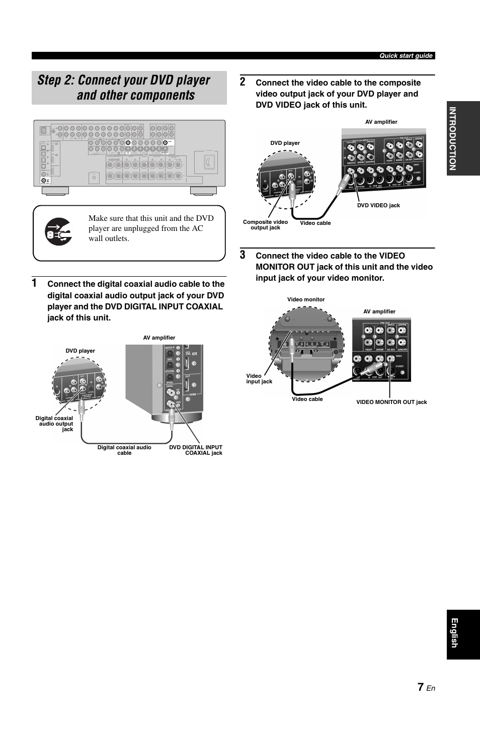 Step 2: connect your dvd player, And other components, P. 7 | Intr oduction english, Play), Front(6ch) single, Rec), Quick start guide | Yamaha DSP-AX861SE User Manual | Page 9 / 117