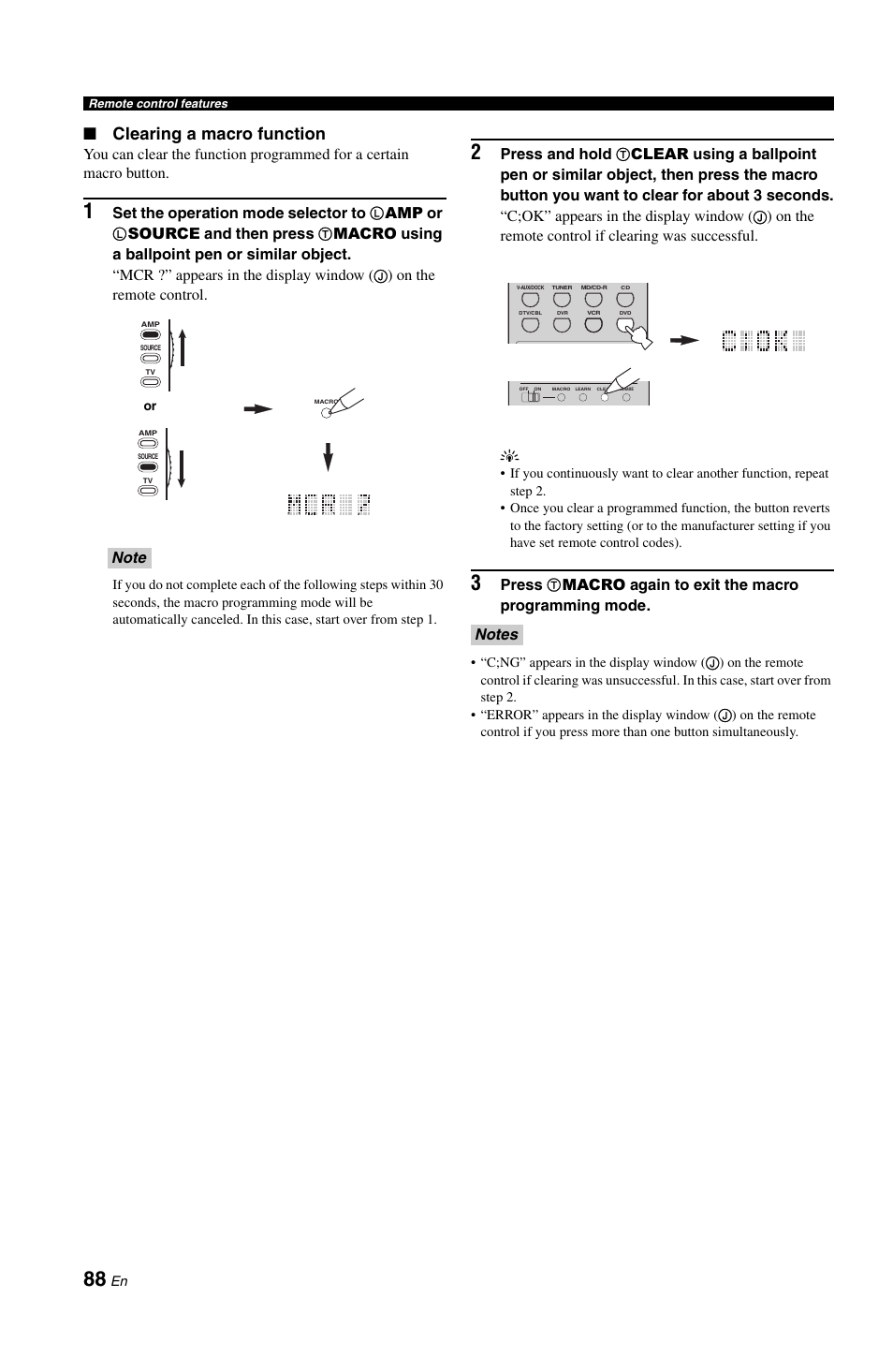 Clearing a macro function, Set the operation mode selector to, Amp or | Source and then press, On the remote control, Press and hold, Press, Macro again to exit the macro programming mode | Yamaha DSP-AX861SE User Manual | Page 90 / 117