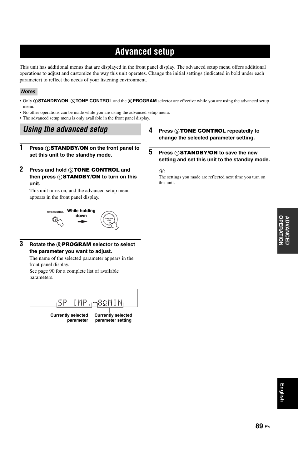 Advanced setup, Using the advanced setup, P. 89 | Sp imp min | Yamaha DSP-AX861SE User Manual | Page 91 / 117