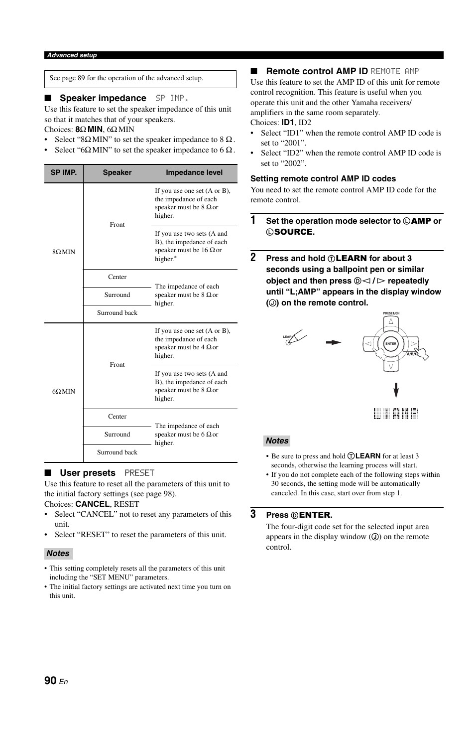 Speaker impedance, User presets, Remote control amp id | Yamaha DSP-AX861SE User Manual | Page 92 / 117