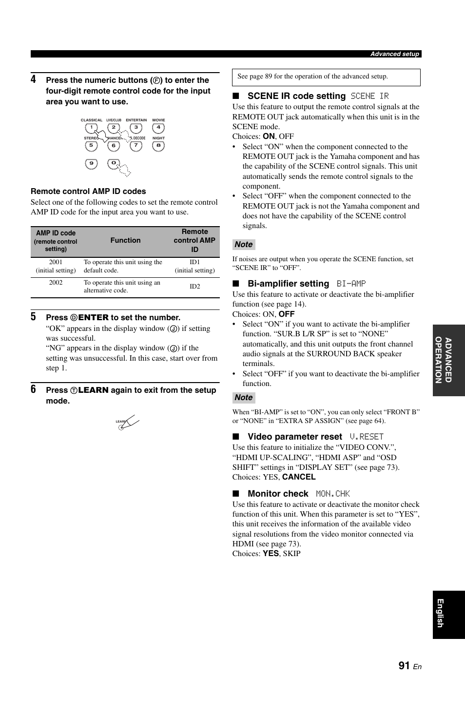 Scene ir code setting, Bi-amplifier setting, Video parameter reset | Monitor check | Yamaha DSP-AX861SE User Manual | Page 93 / 117