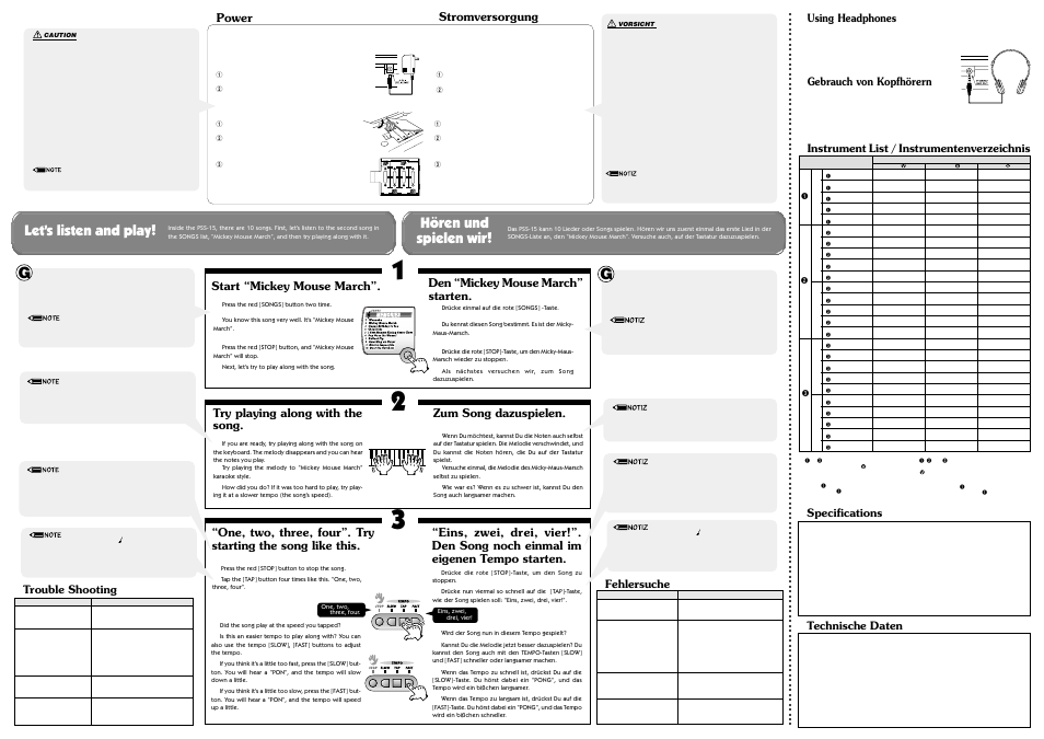 Let’s listen and play, Hören und spielen wir, Start “mickey mouse march | Try playing along with the song, Den “mickey mouse march” starten, Power ● stromversorgung, Trouble shooting, Using headphones, Instrument list / instrumentenverzeichnis, Specifications | Yamaha PortaSound PSS-15 User Manual | Page 2 / 4