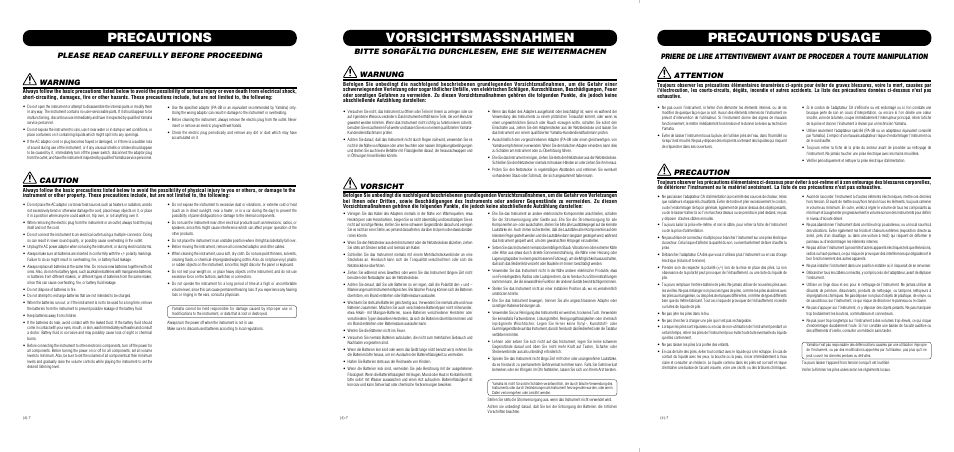Precautions, Vorsichtsmassnahmen, Precautions d'usage | Please read carefully before proceeding, Warning, Caution, Vorsicht, Bitte sorgfältig durchlesen, ehe sie weitermachen, Warnung, Attention | Yamaha PortaSound PSS-15 User Manual | Page 3 / 4