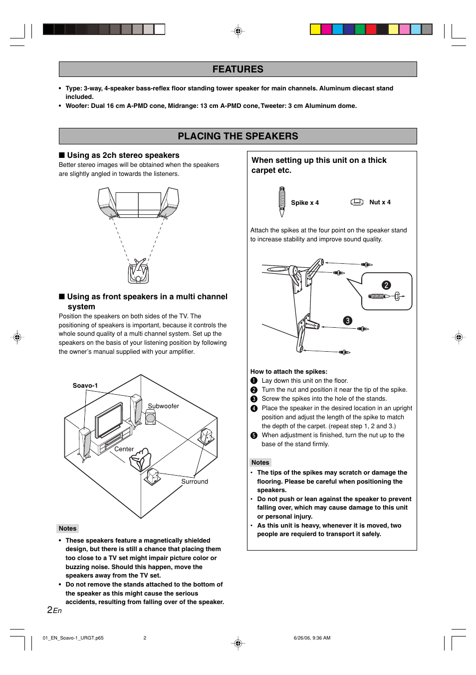 Features, Placing the speakers | Yamaha Soavo-1  EN User Manual | Page 2 / 6