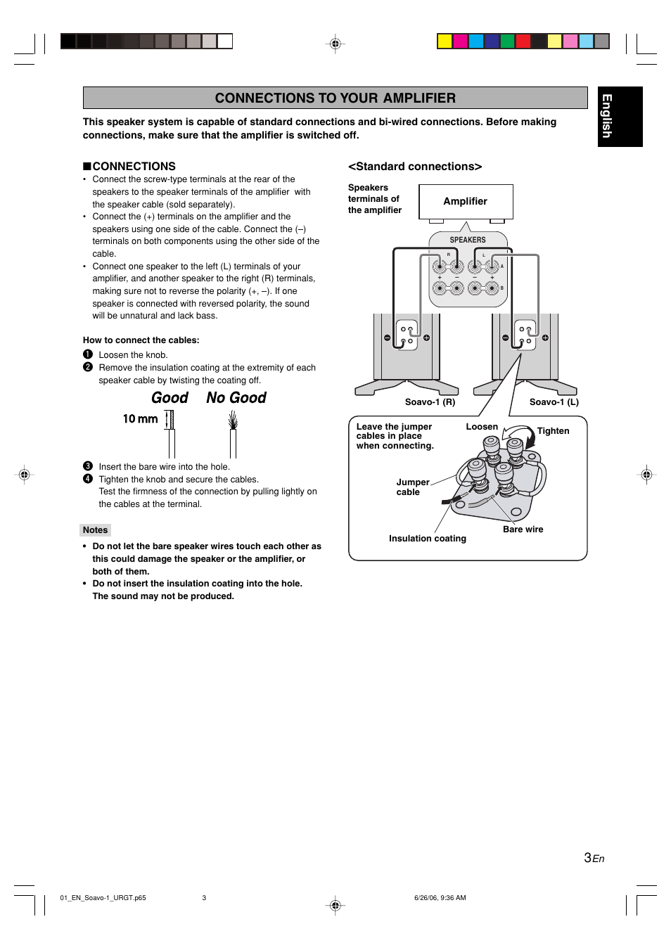 Connections to your amplifier, English, Connections | Standard connections | Yamaha Soavo-1  EN User Manual | Page 3 / 6