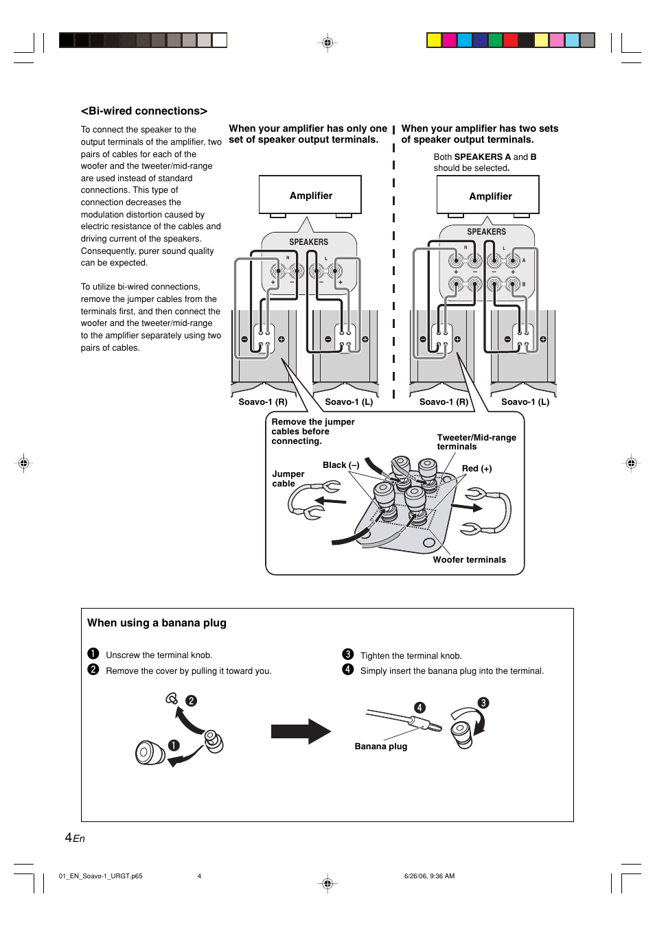 When using a banana plug, Bi-wired connections | Yamaha Soavo-1  EN User Manual | Page 4 / 6