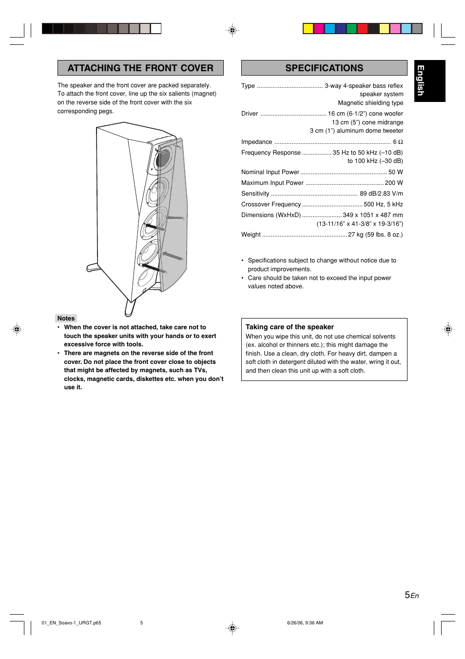 Attaching the front cover, Specifications, English | Yamaha Soavo-1  EN User Manual | Page 5 / 6