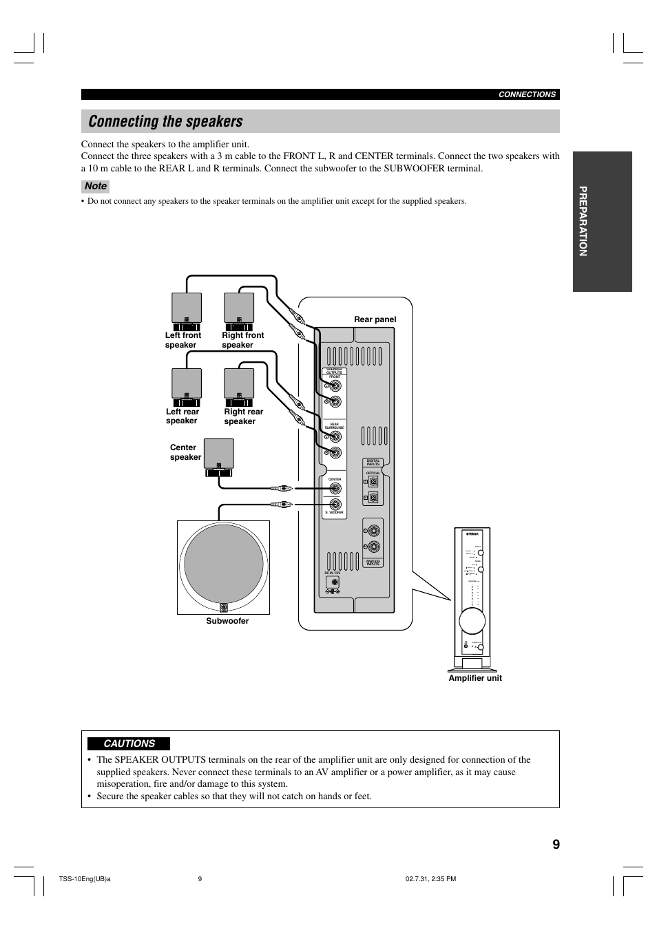 Connecting the speakers, English prep ara tion, Silent digital 1 digital 2 analog dts | Yamaha TSS-10 User Manual | Page 11 / 20