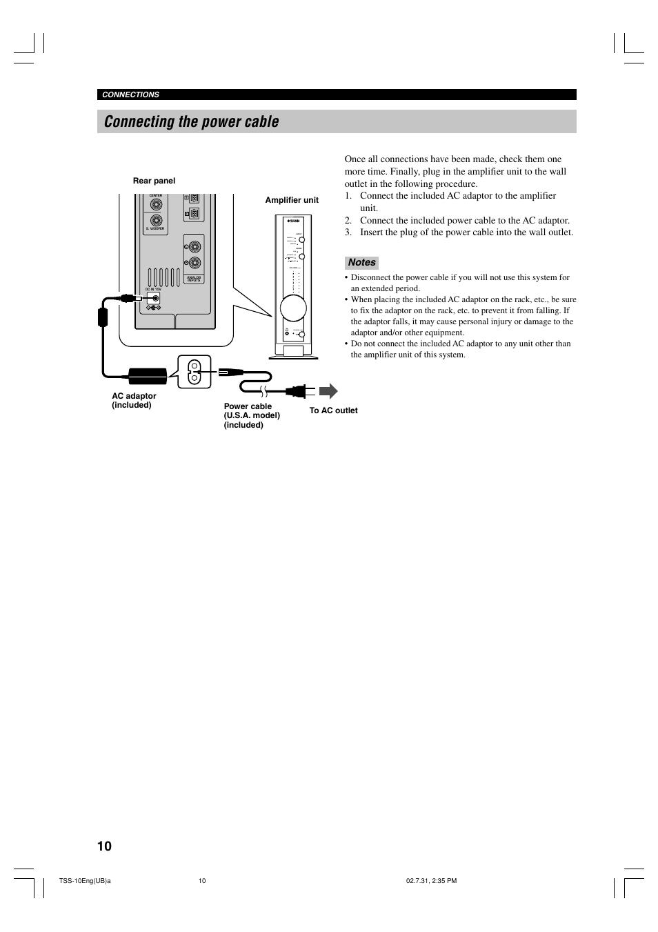 Connecting the power cable | Yamaha TSS-10 User Manual | Page 12 / 20