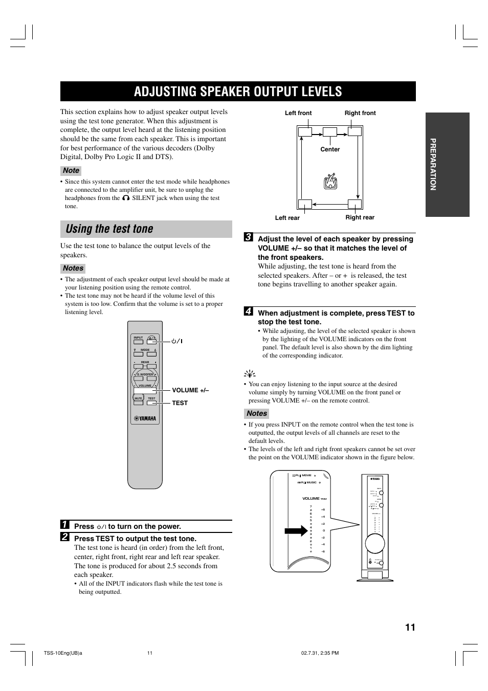 Adjusting speaker output levels, Using the test tone | Yamaha TSS-10 User Manual | Page 13 / 20
