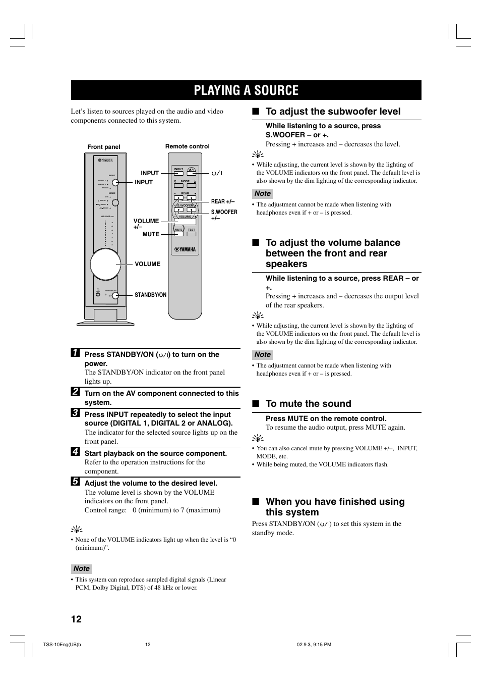 Playing a source, When you have finished using this system, Turn on the av component connected to this system | Yamaha TSS-10 User Manual | Page 14 / 20