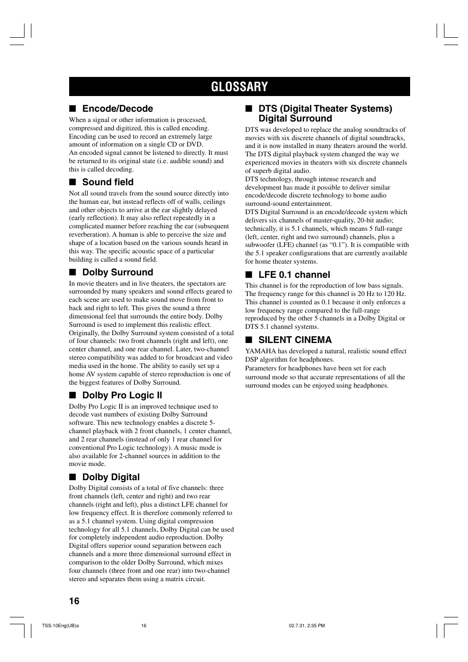 Glossary | Yamaha TSS-10 User Manual | Page 18 / 20