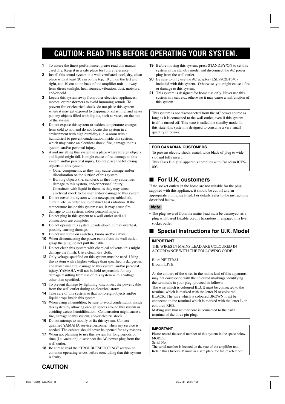 Caution, Caution: read this before operating your system, For u.k. customers | Special instructions for u.k. model | Yamaha TSS-10 User Manual | Page 2 / 20
