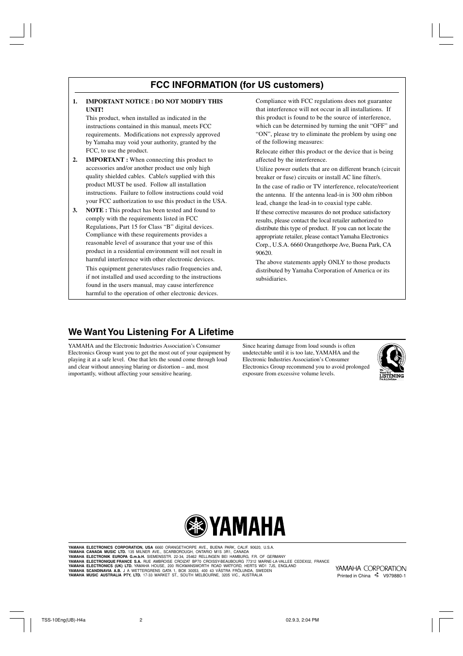 Fcc information (for us customers), We want you listening for a lifetime | Yamaha TSS-10 User Manual | Page 20 / 20