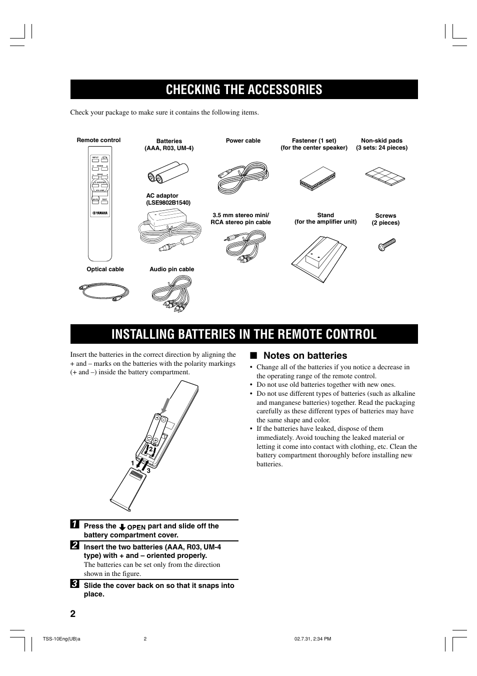 Checking the accessories, Installing batteries in the remote control | Yamaha TSS-10 User Manual | Page 4 / 20