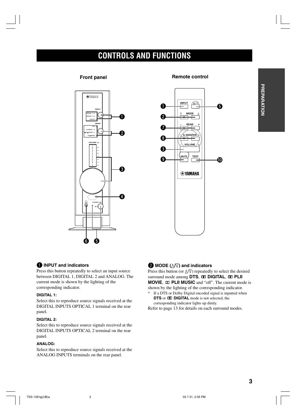 Controls and functions, Front panel remote control, English prep ara tion | Yamaha TSS-10 User Manual | Page 5 / 20