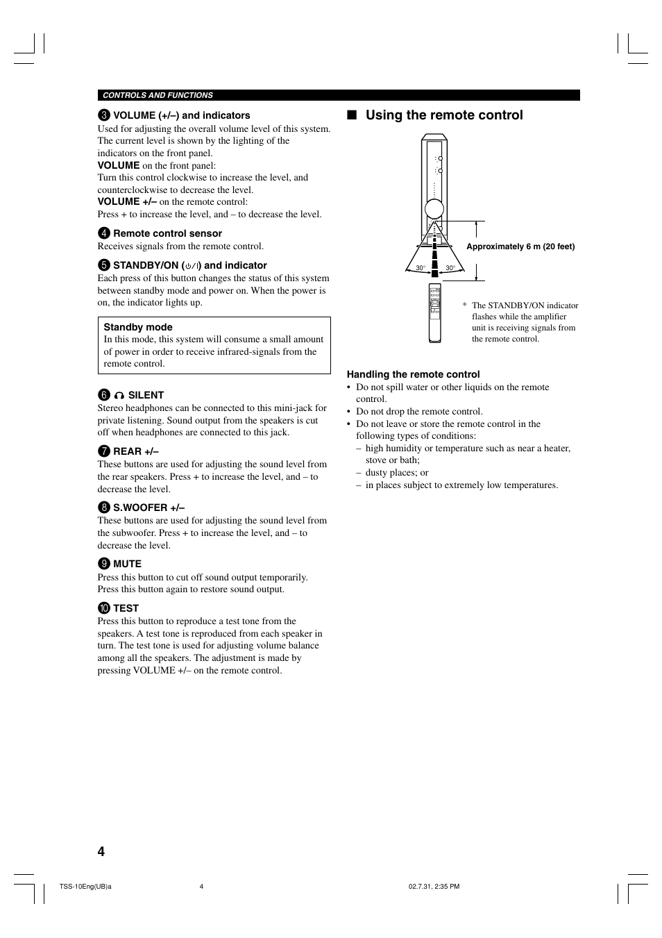 Using the remote control | Yamaha TSS-10 User Manual | Page 6 / 20