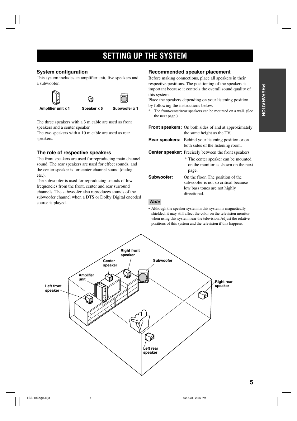 Setting up the system | Yamaha TSS-10 User Manual | Page 7 / 20
