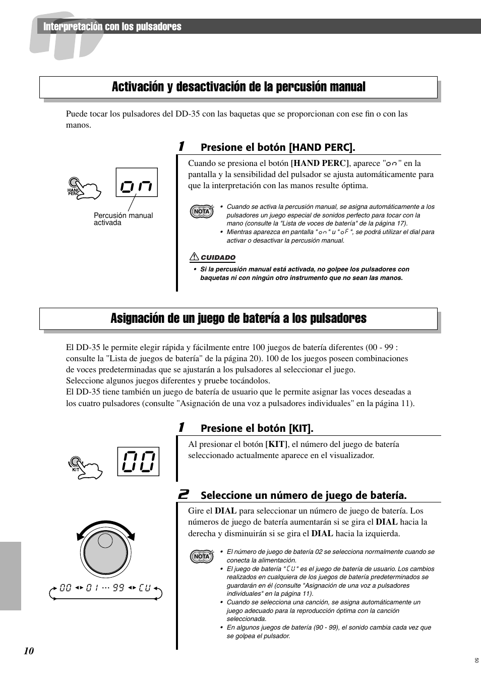Activación y desactivación de la percusión manual, Asignación de un juego de batería a los pulsadores, Interpretación con los pulsadores | Yamaha Digital Percussion DD-35 User Manual | Page 10 / 24