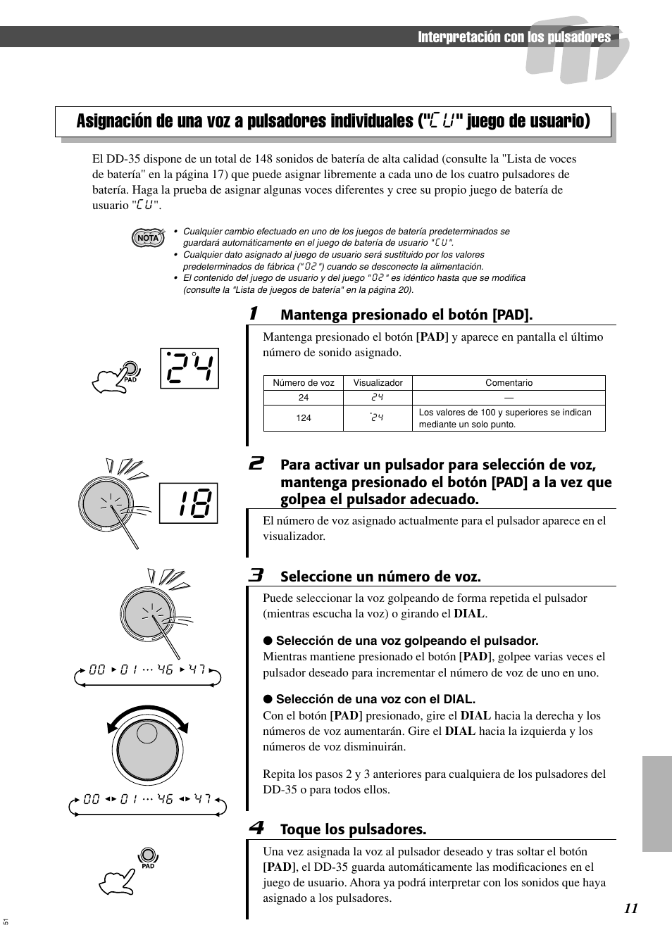 Interpretación con los pulsadores | Yamaha Digital Percussion DD-35 User Manual | Page 11 / 24