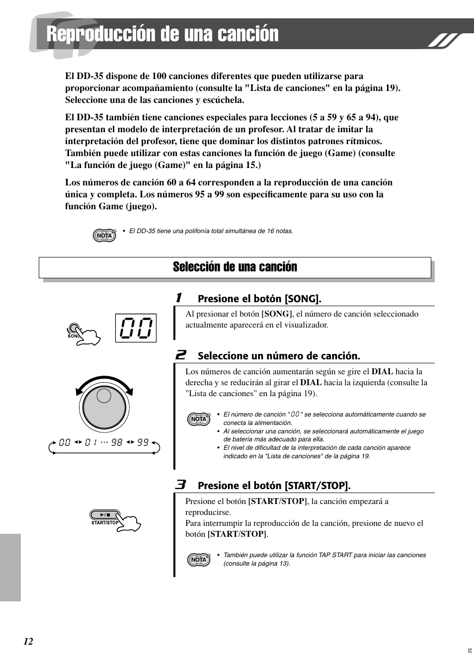 Reproducción de una canción, Selección de una canción | Yamaha Digital Percussion DD-35 User Manual | Page 12 / 24