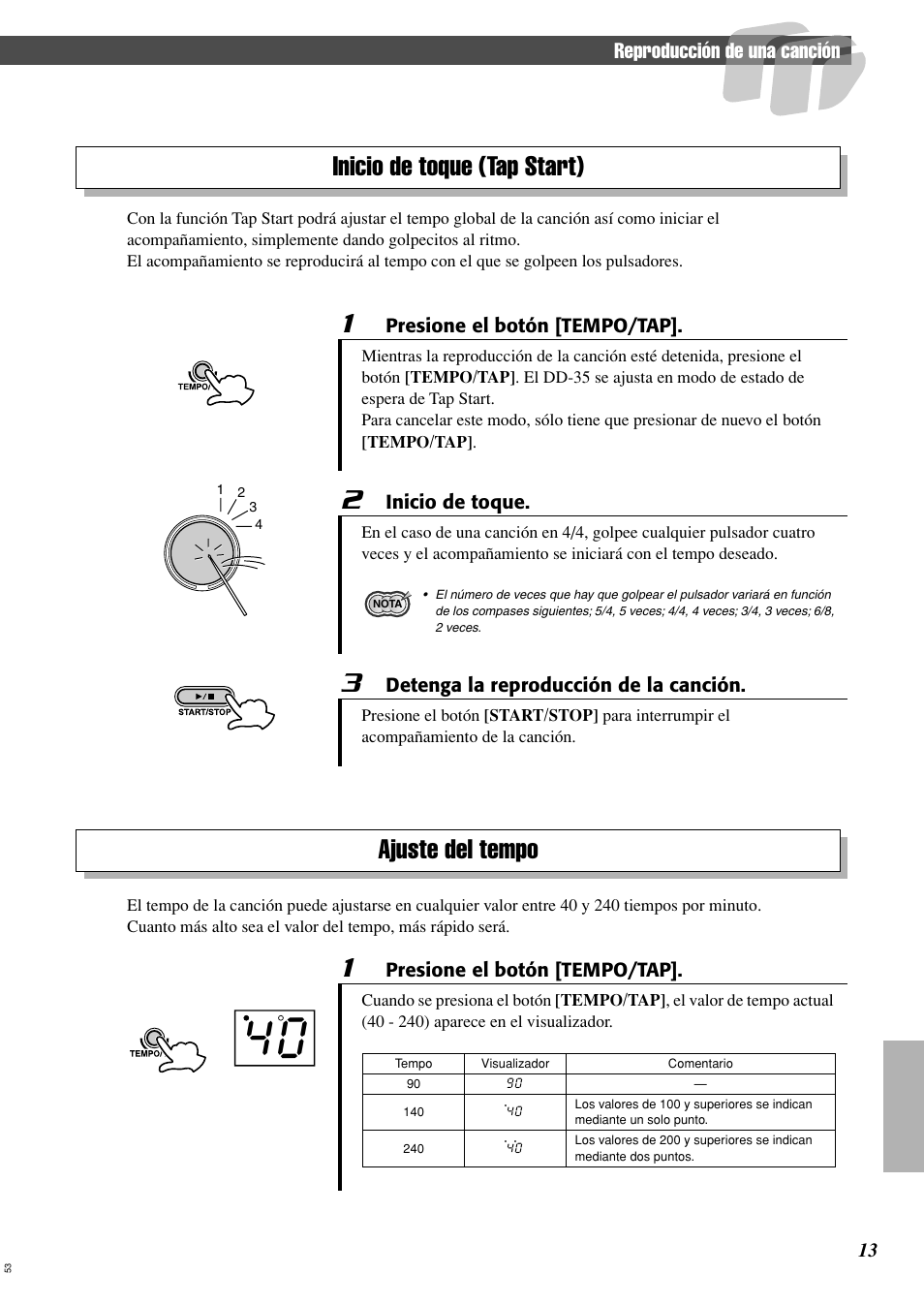 Inicio de toque (tap start), Ajuste del tempo, Reproducción de una canción | Yamaha Digital Percussion DD-35 User Manual | Page 13 / 24