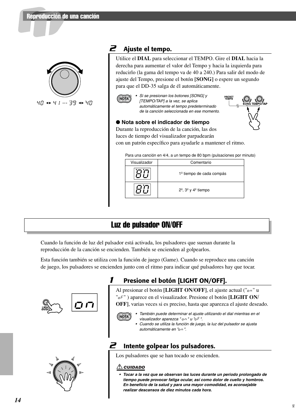 Luz de pulsador on/off, Reproducción de una canción | Yamaha Digital Percussion DD-35 User Manual | Page 14 / 24