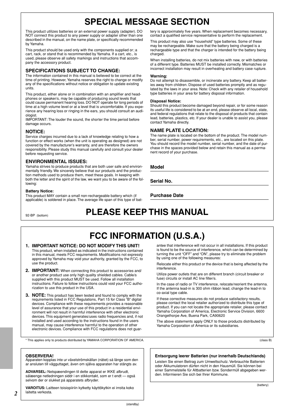 Please keep this manual, Fcc information (u.s.a.) | Yamaha Digital Percussion DD-35 User Manual | Page 2 / 24