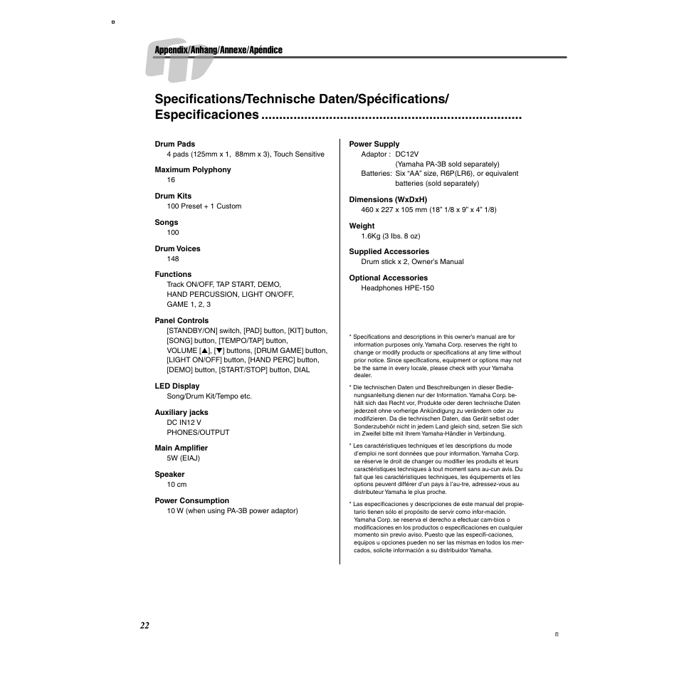Appendix/anhang/annexe/apéndice | Yamaha Digital Percussion DD-35 User Manual | Page 22 / 24