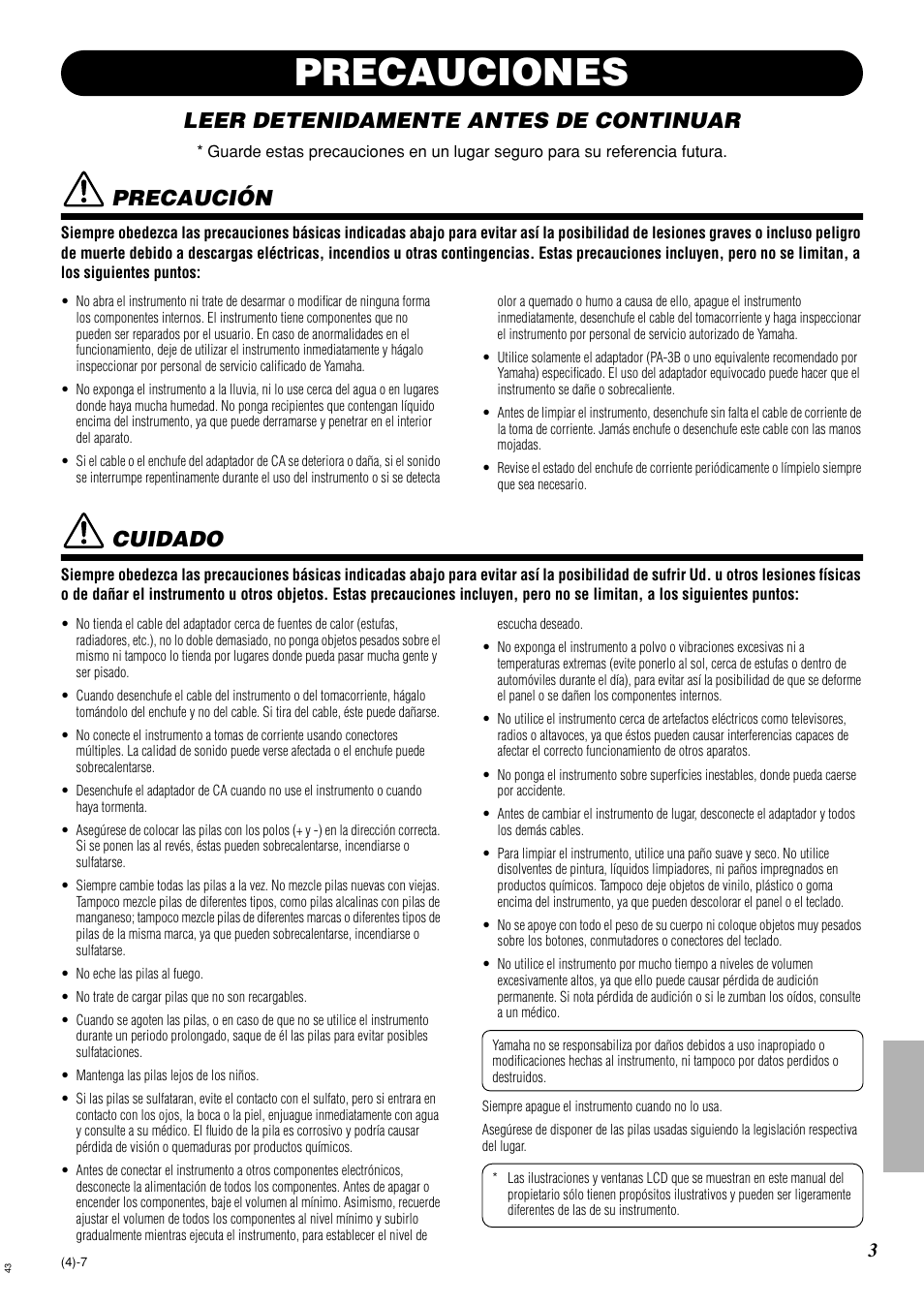 Precauciones, Leer detenidamente antes de continuar, Precaución | Cuidado | Yamaha Digital Percussion DD-35 User Manual | Page 3 / 24