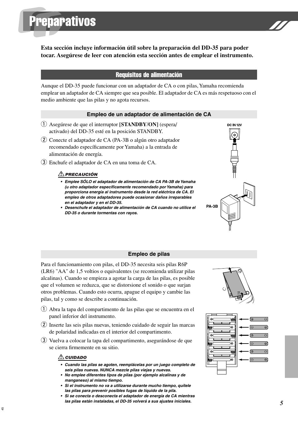Preparativos, Requisitos de alimentación | Yamaha Digital Percussion DD-35 User Manual | Page 5 / 24