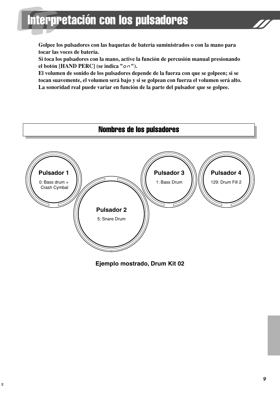 Interpretación con los pulsadores, Nombres de los pulsadores | Yamaha Digital Percussion DD-35 User Manual | Page 9 / 24