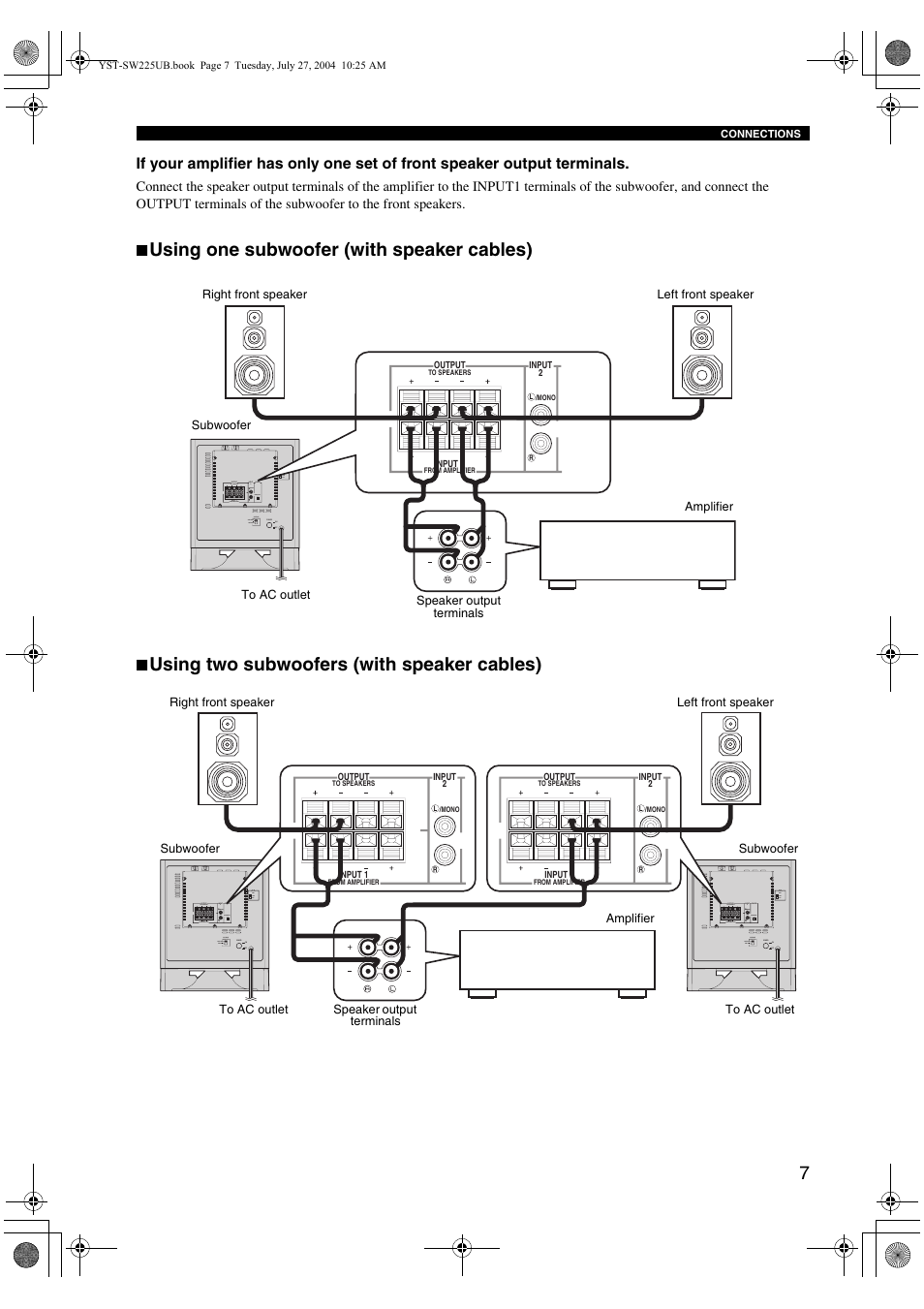 Using one subwoofer (with speaker cables), Using two subwoofers (with speaker cables) | Yamaha YST-SW225 User Manual | Page 11 / 20