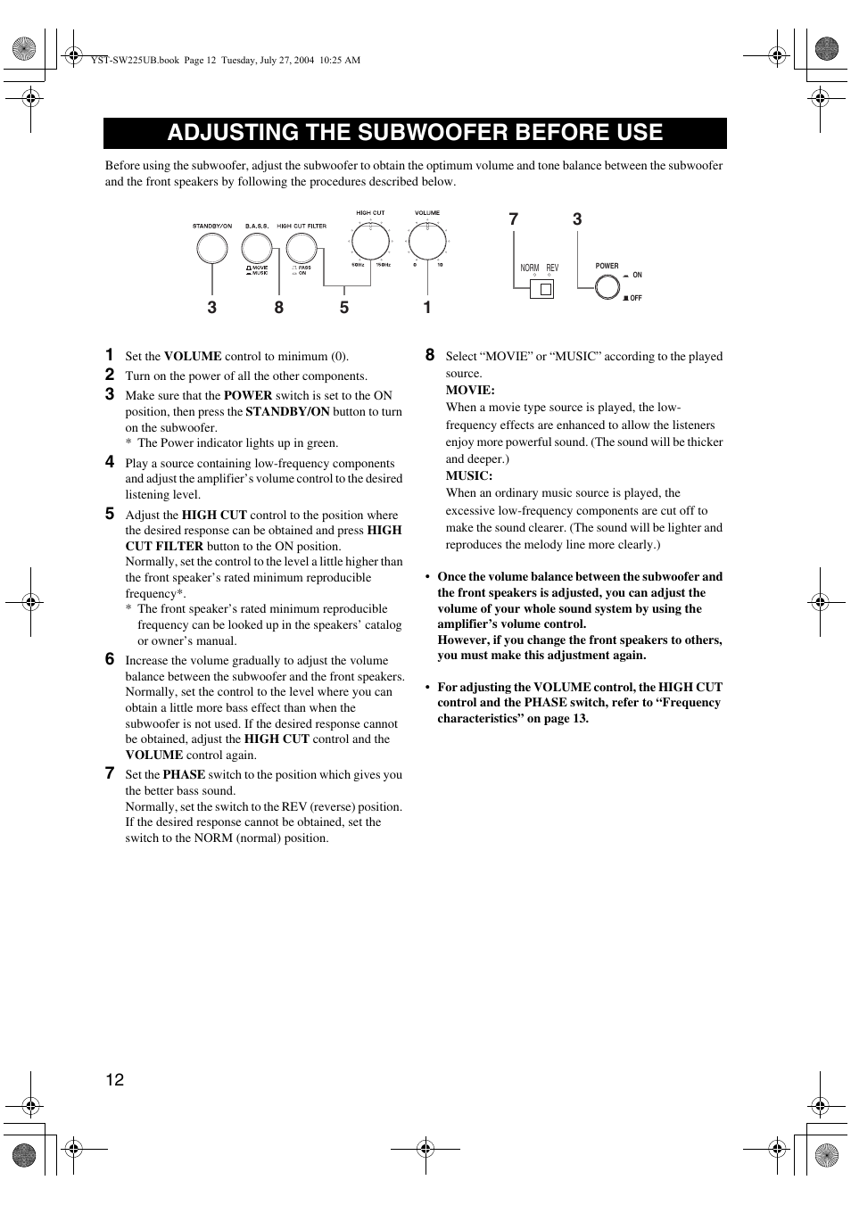 Adjusting the subwoofer before use | Yamaha YST-SW225 User Manual | Page 16 / 20
