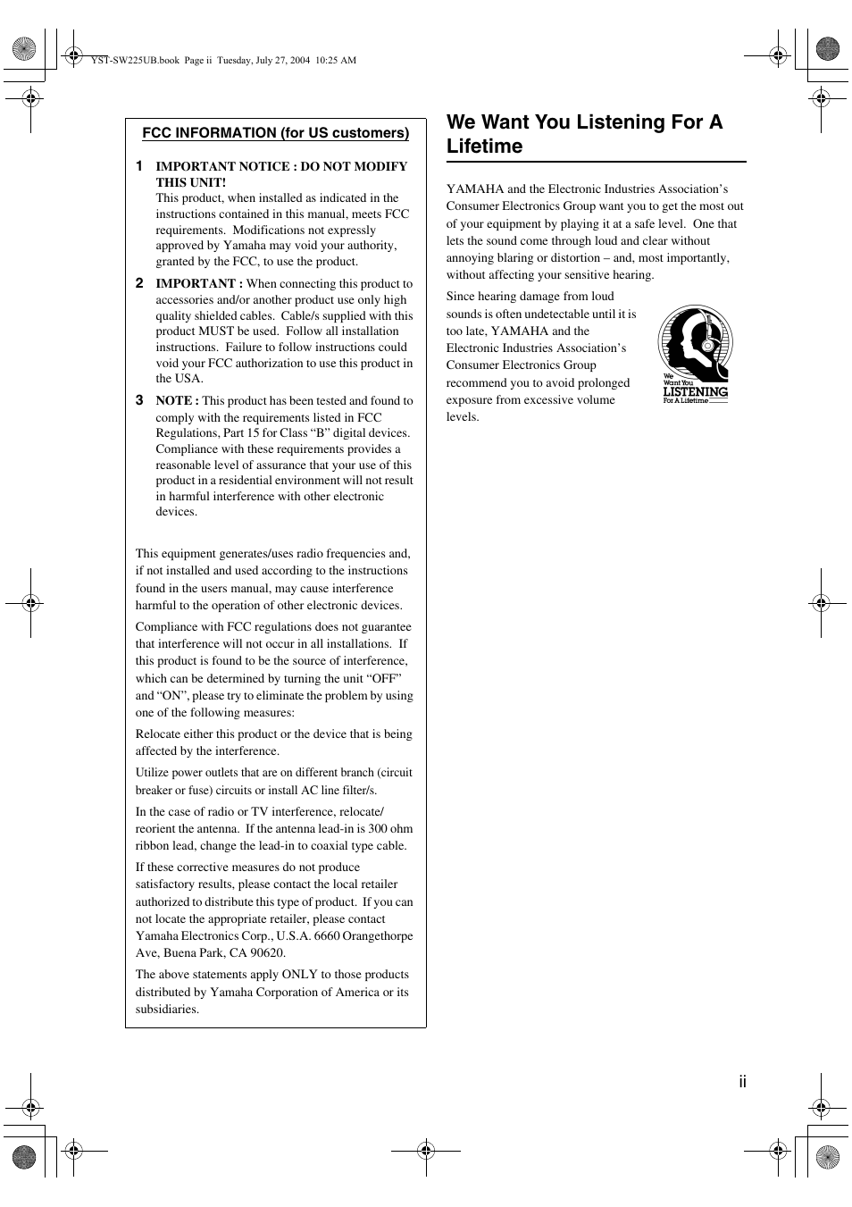 We want you listening for a lifetime | Yamaha YST-SW225 User Manual | Page 3 / 20